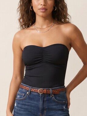 NWT | Black Fine Ribbed Bandeau Tank Top | Removable Straps | Size Medium